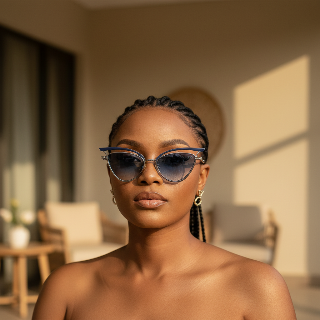 Nigerian female model wearing cat-eye navy blue sunglasses – editorial medium shot with headroom