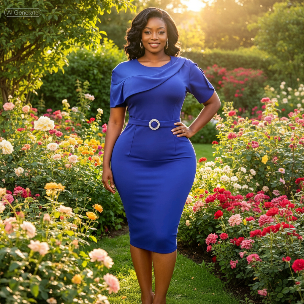 Nigerian female model wearing royal blue draped shoulder belted bodycon midi dress