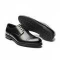 Black polished leather cap toe brogue Derby lace-up shoe ghost mannequin product shot, plain white background