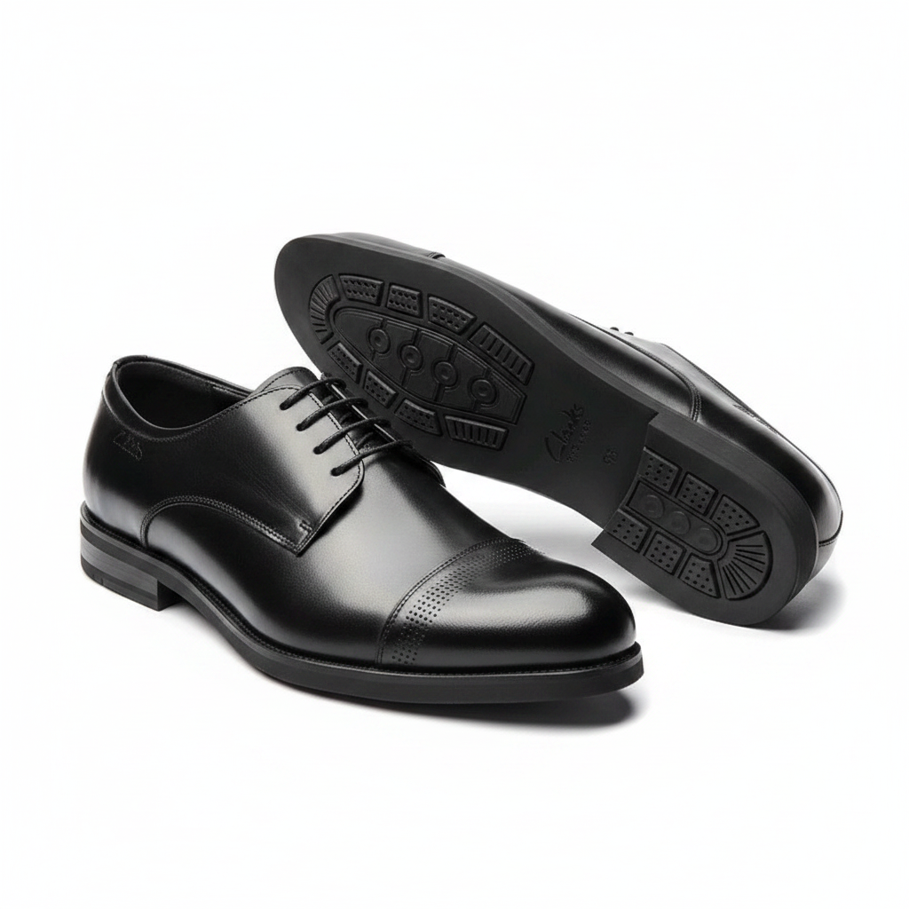 Black polished leather cap toe brogue Derby lace-up shoe ghost mannequin product shot, plain white background