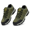 Pair of olive mesh-panel trail-style shoes on white background