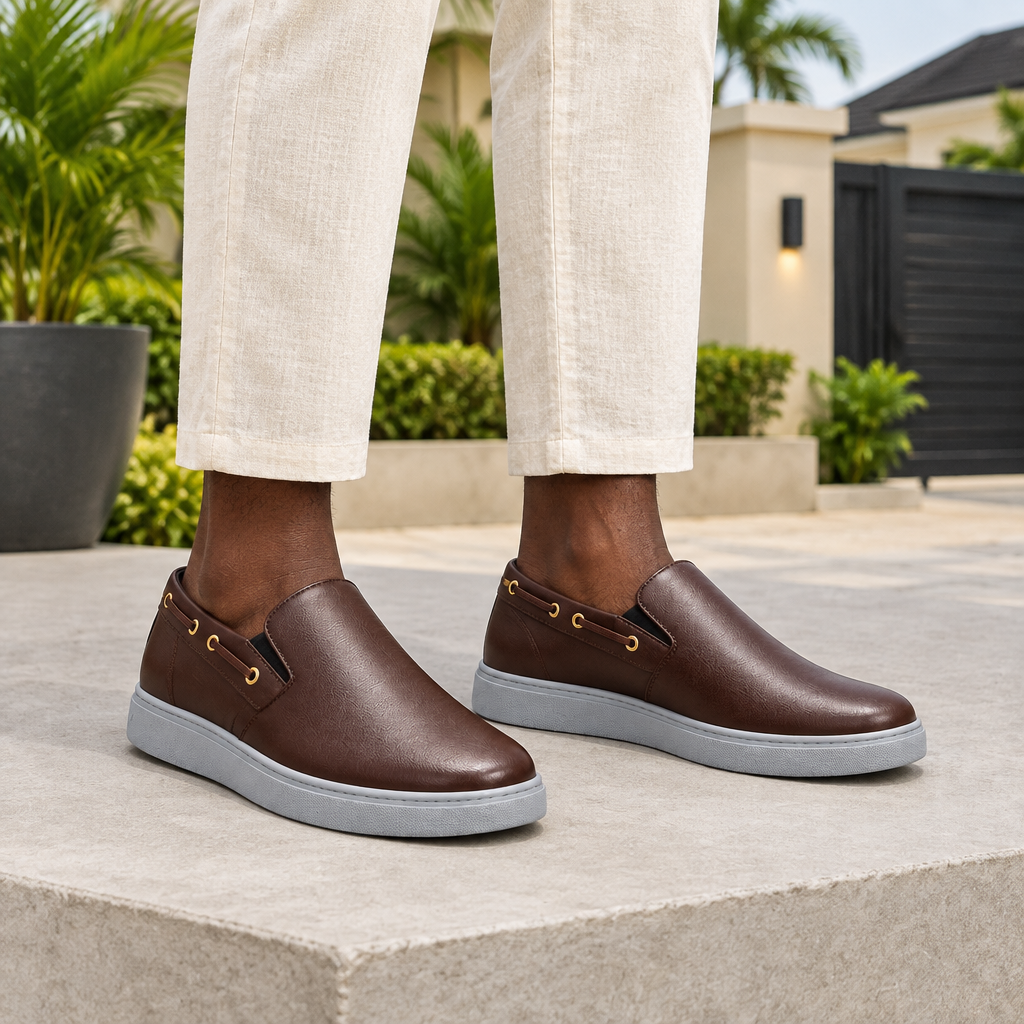 Man wearing brown slip-on sneakers with cream linen trousers