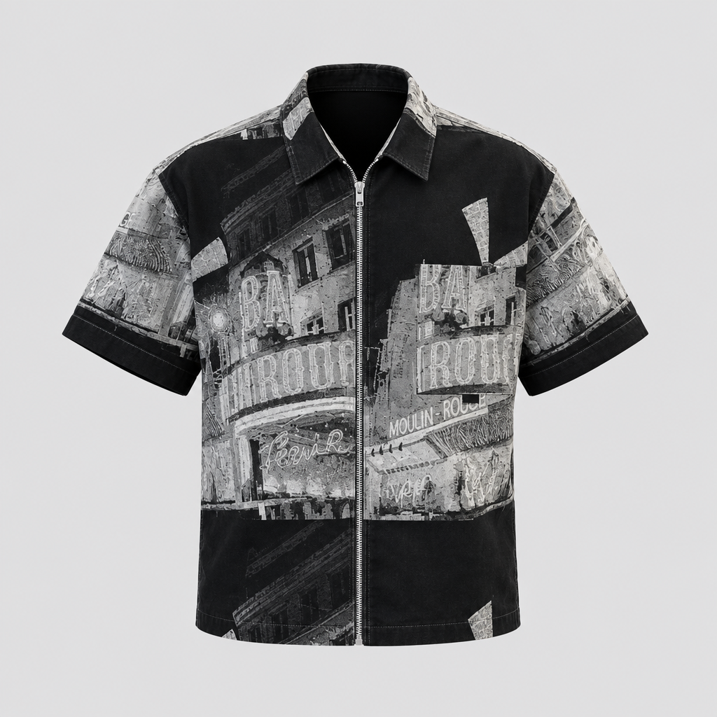 Men's black and grey graphic zip-front shirt ghost mannequin