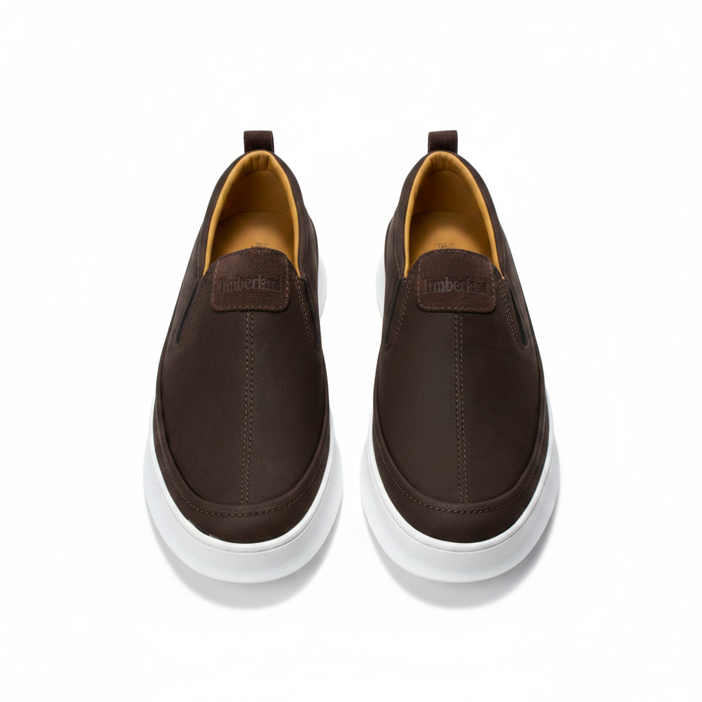 Timberland espresso brown nubuck slip-on loafer ghost mannequin product shot, plain white background