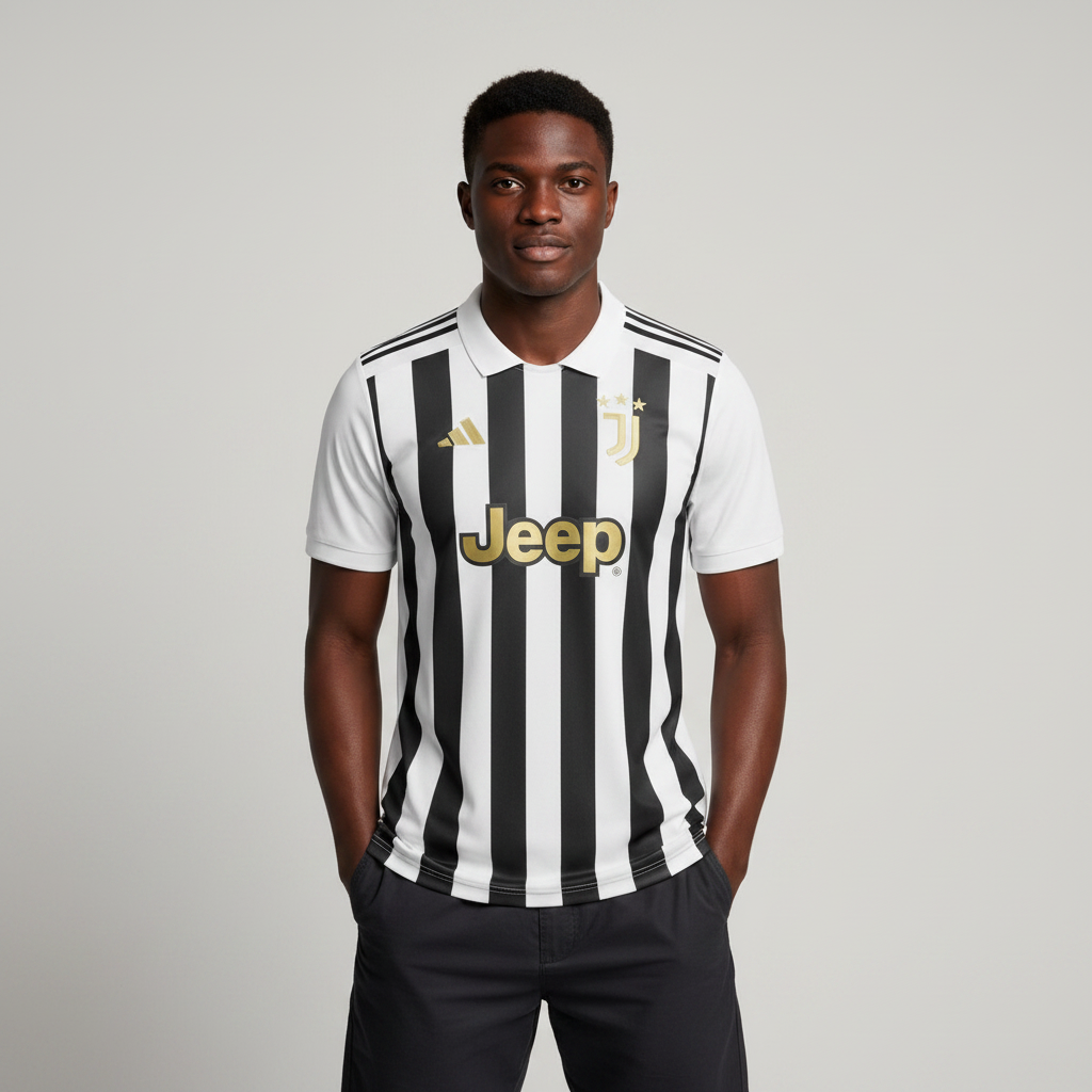 Nigerian male model wearing Juventus home jersey