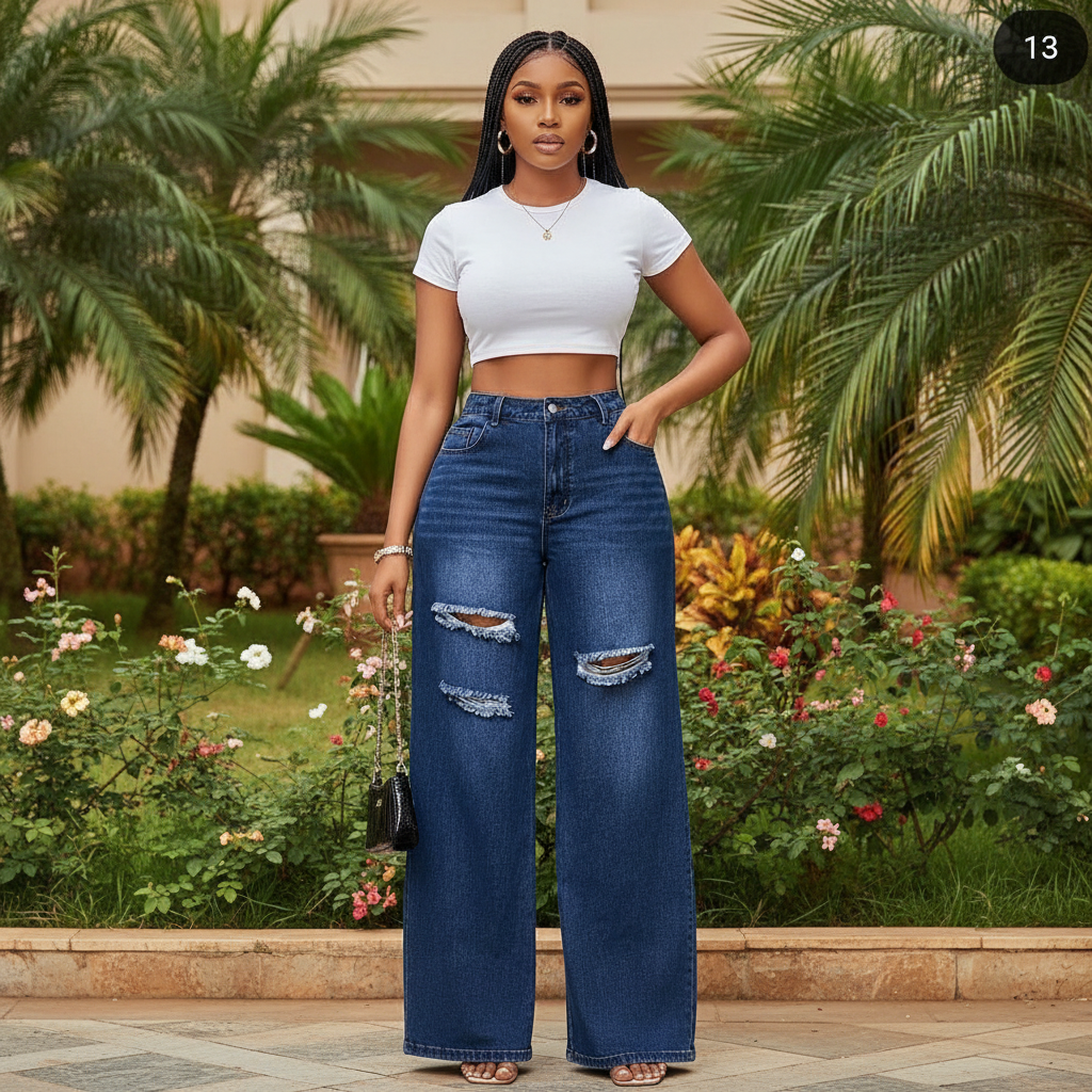 Nigerian female model wearing deep blue high-waist wide leg ripped denim jeans in garden setting