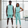 Under Armour aqua camo sleeveless hoodie on male and female models