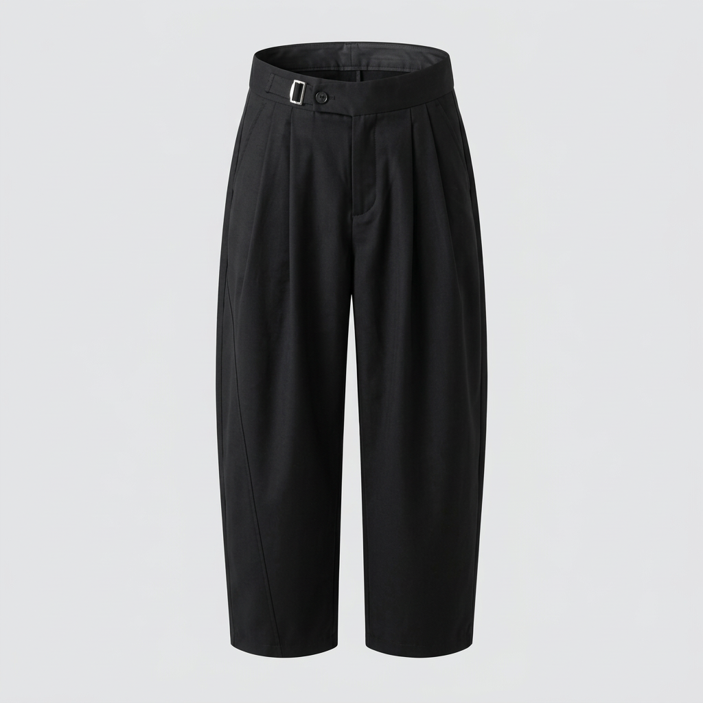 Black asymmetric-waist wide-leg trousers, ghost mannequin front view