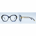 Unisex oversized round blue tortoise optical eyeglasses with gold hinge detail – front and side view on white background