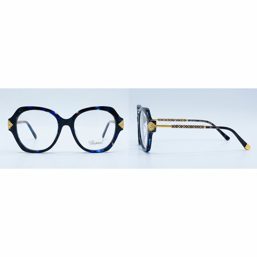 Unisex oversized round blue tortoise optical eyeglasses with gold hinge detail – front and side view on white background