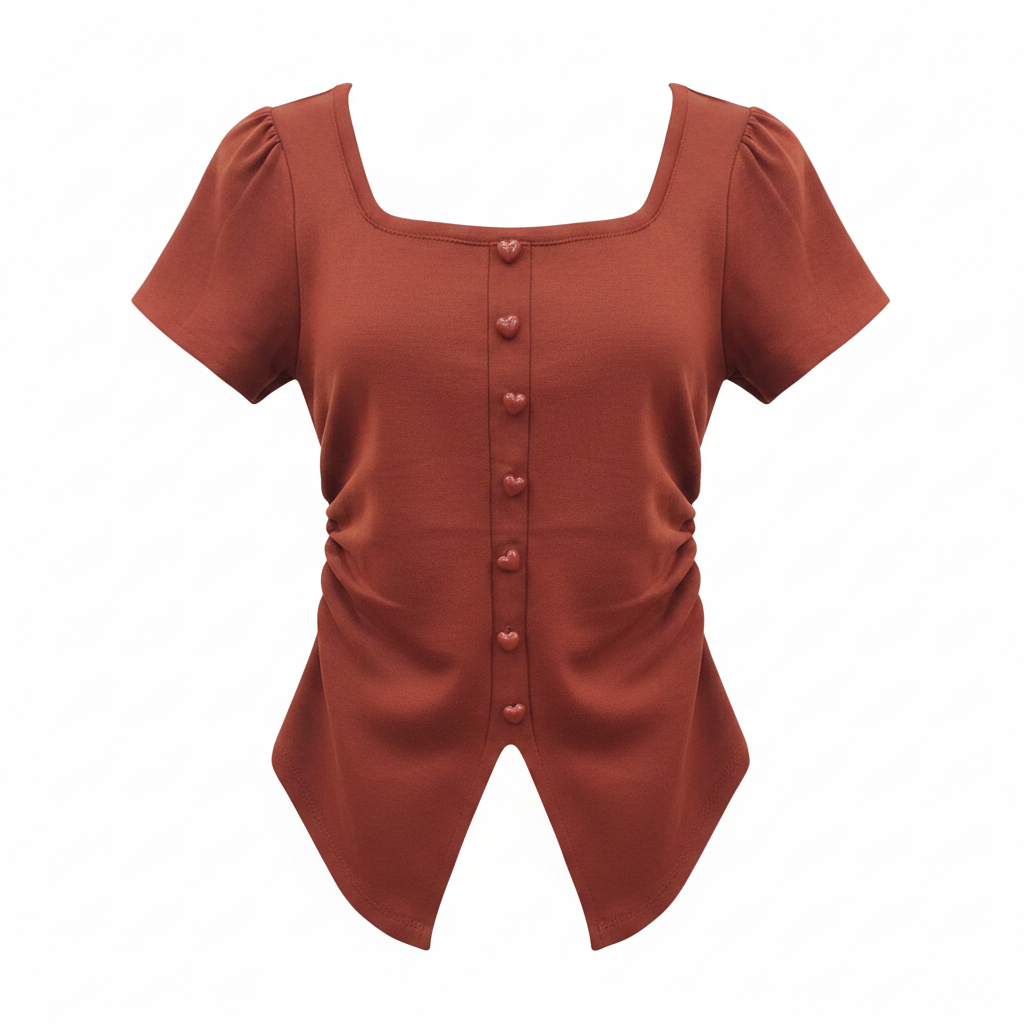 Girls rust button-front ruched top ghost mannequin view