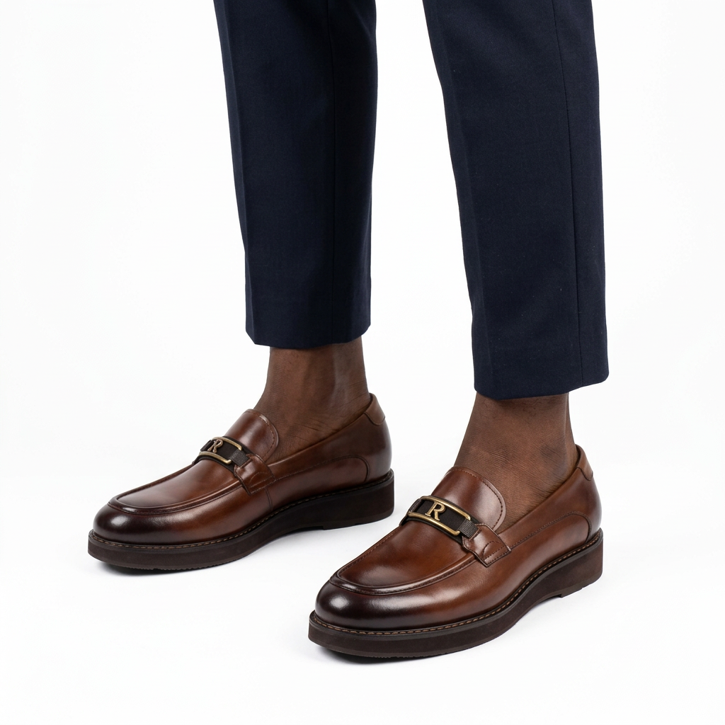 Pair of brown hardware loafers properly worn on both feet with tailored trousers