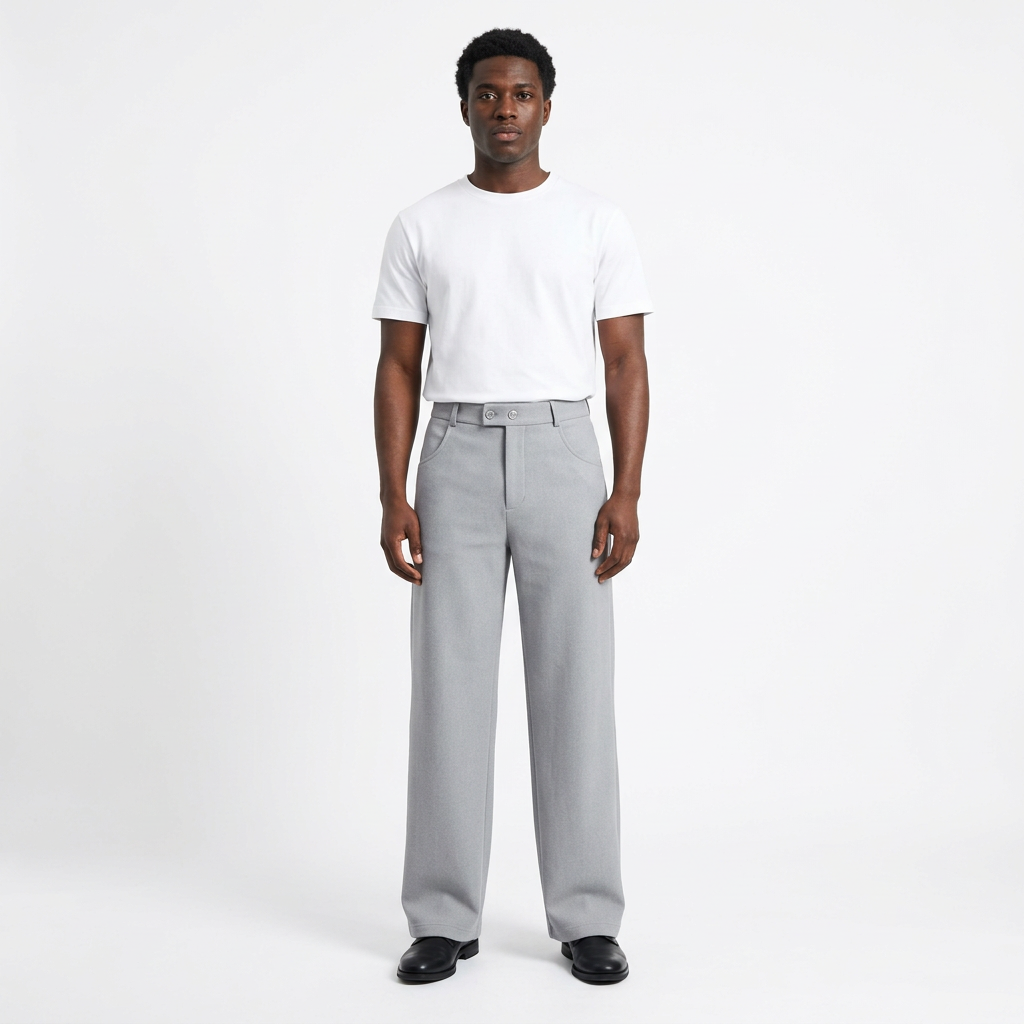 Full-body adult Black man wearing light-grey double-button wide-leg trousers