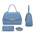 Light blue handbag front and side views with matching wallet and shoulder strap