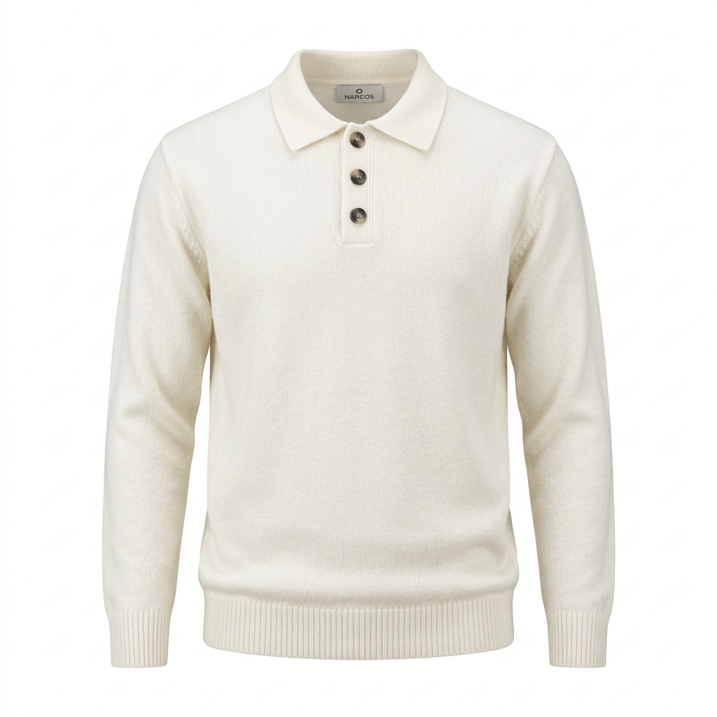 Ivory textured long-sleeve knit polo on white background