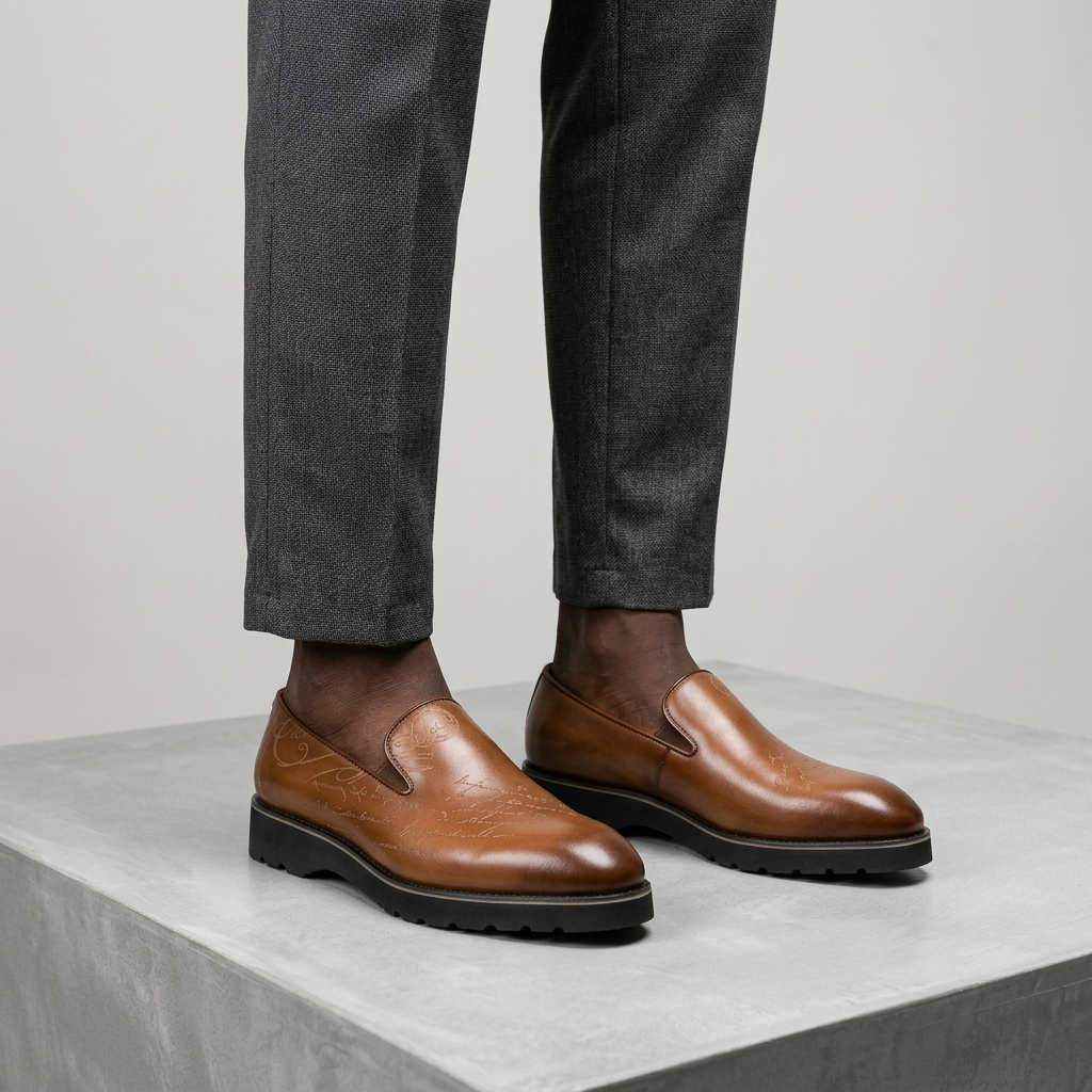 Men's tan slip-on loafers with chunky black soles worn with relaxed-fit trousers