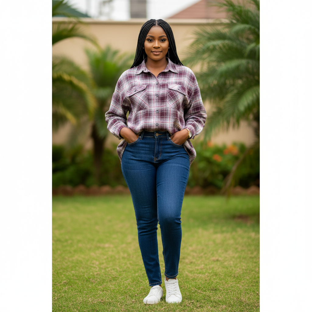 Burgundy plaid flannel oversized shirt - front model view