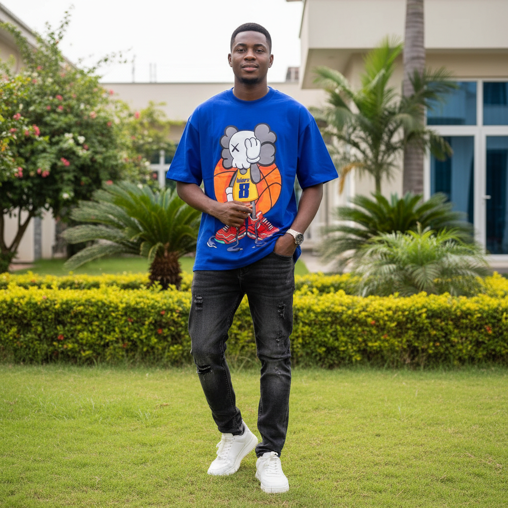 Nigerian male model wearing royal blue basketball bear graphic oversized tee – front view