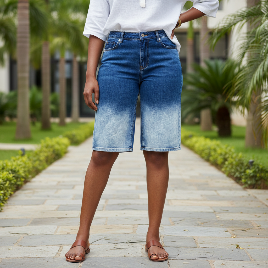 Model shot — Women's Bleach Fade Denim Shorts