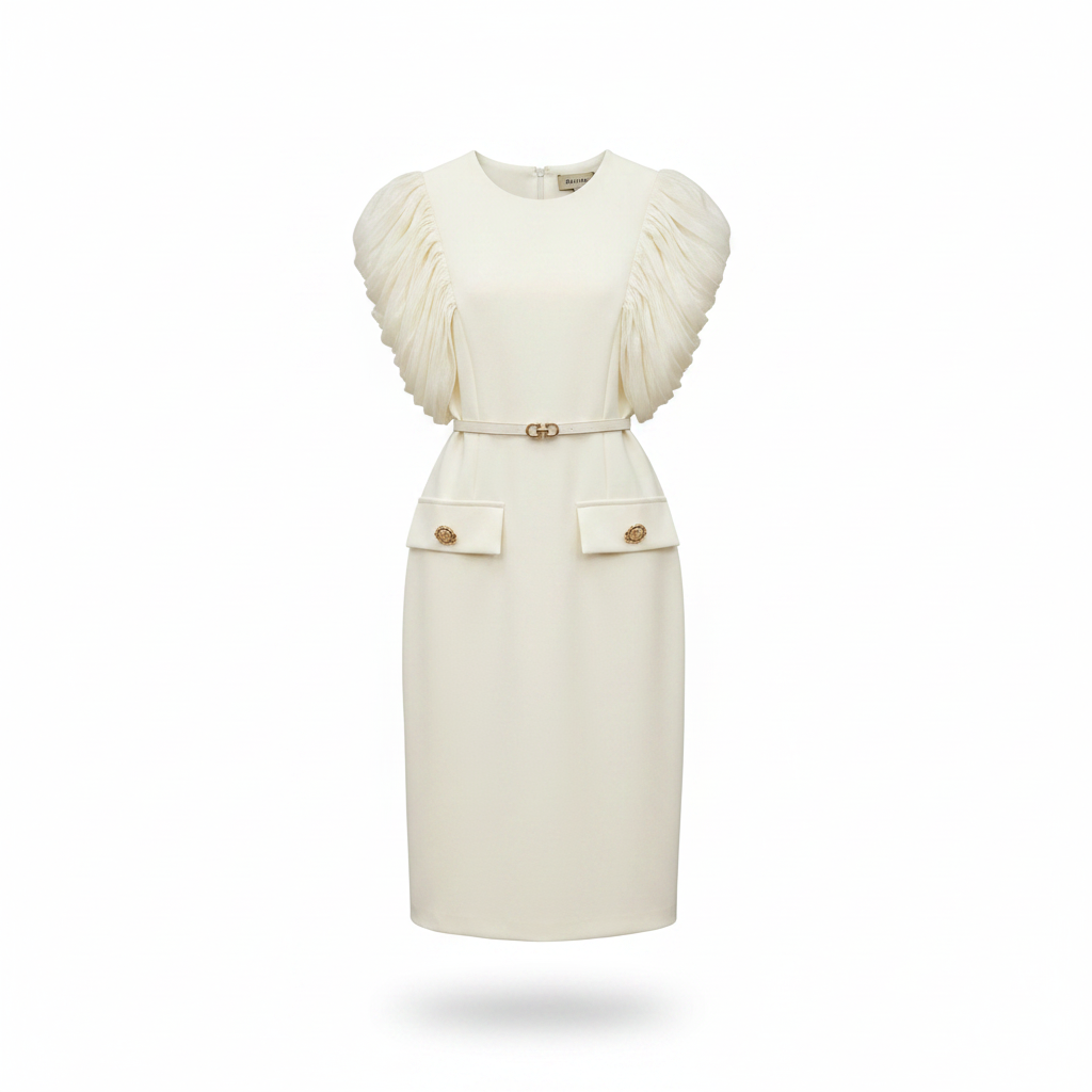 Women's ruffle-sleeve belted midi dress in cream – ghost mannequin front view