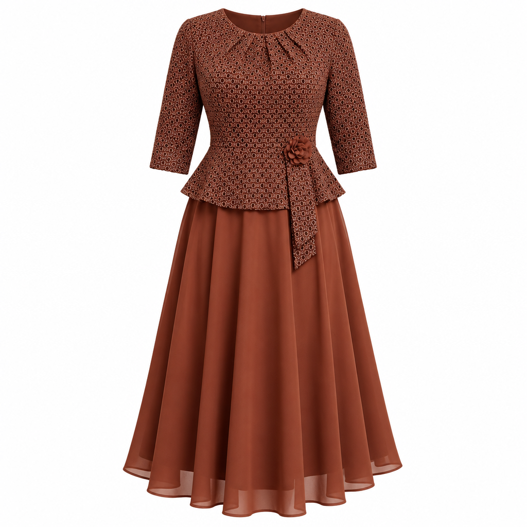 Rust patterned peplum dress on white background