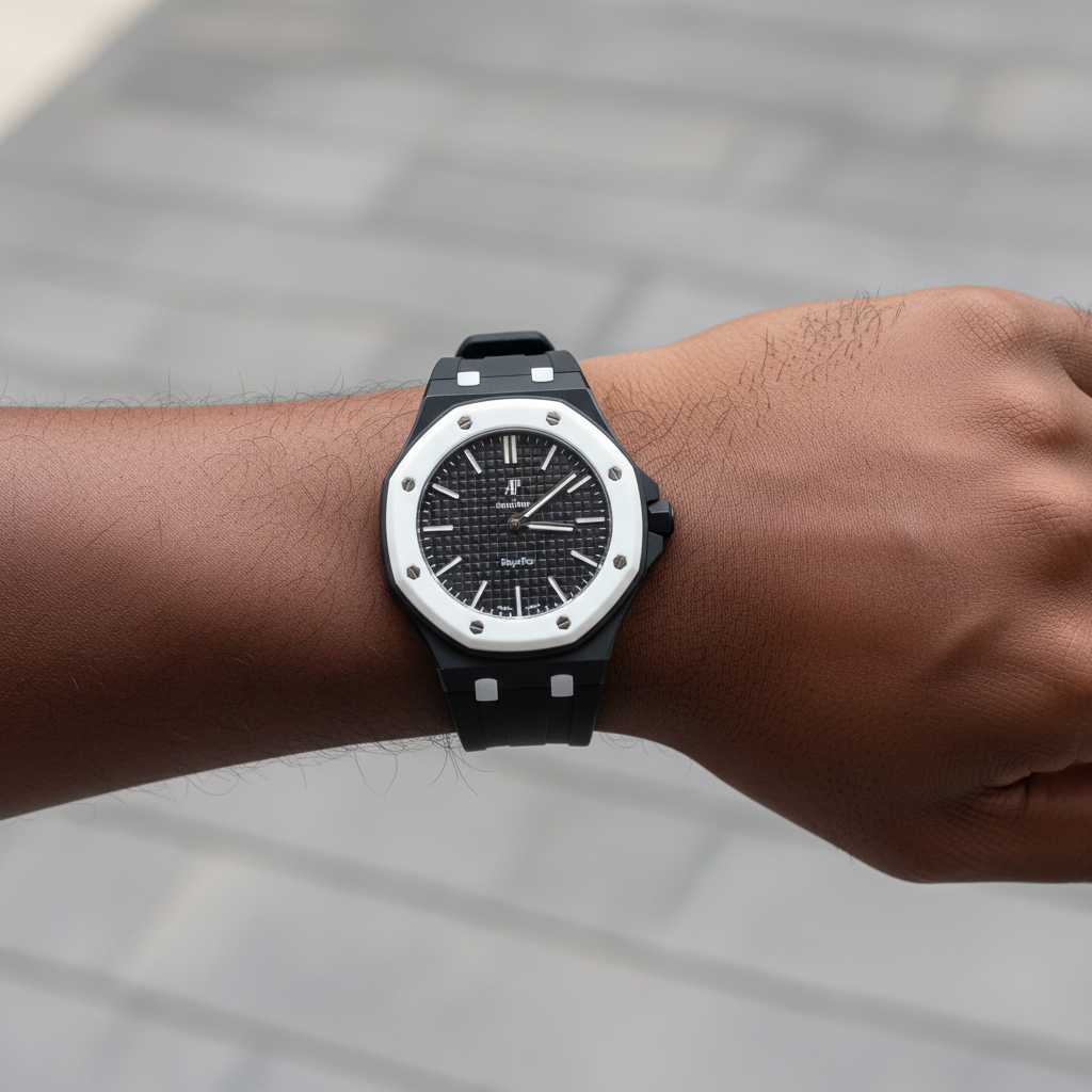 Nigerian male model wearing unisex black octagonal pop watch with white bezel and clean black rubber strap on wrist