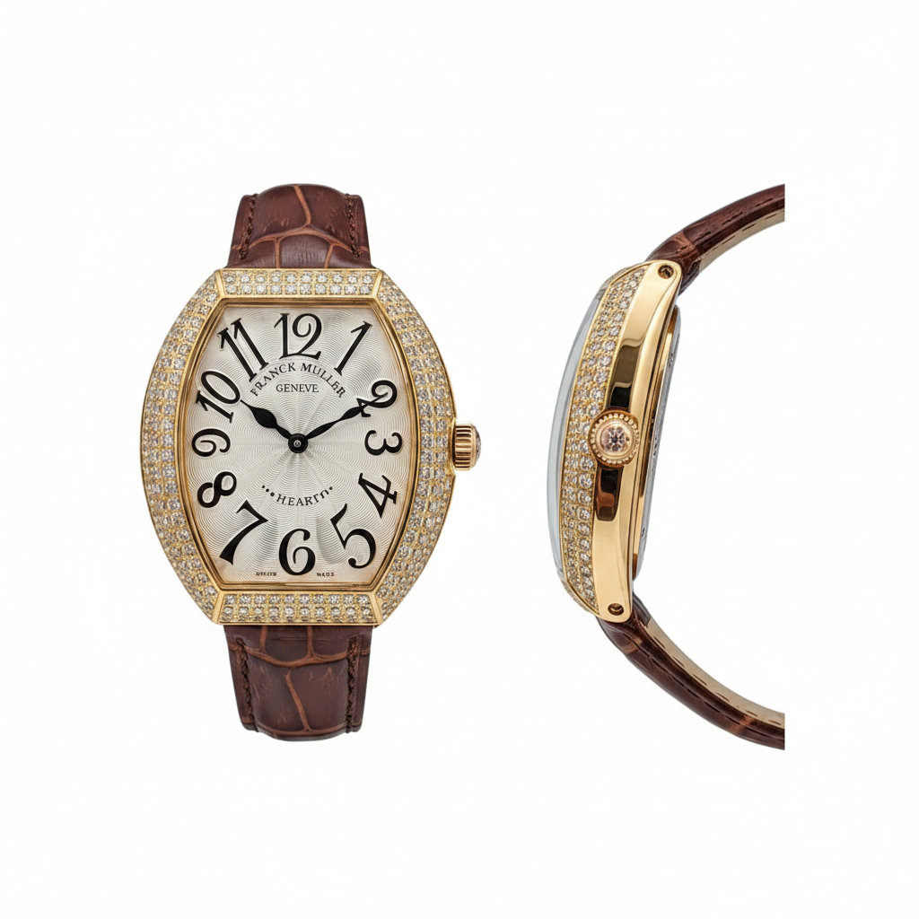 Women's gold diamond bezel tonneau watch — ghost mannequin front and side view, brown leather strap