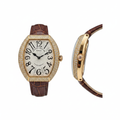 Women's gold diamond bezel tonneau watch — ghost mannequin front and side view, brown leather strap