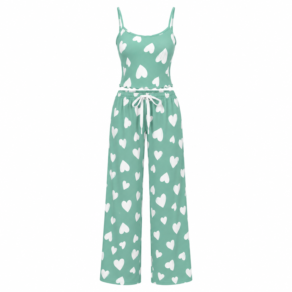 Mint pajama set with white hearts