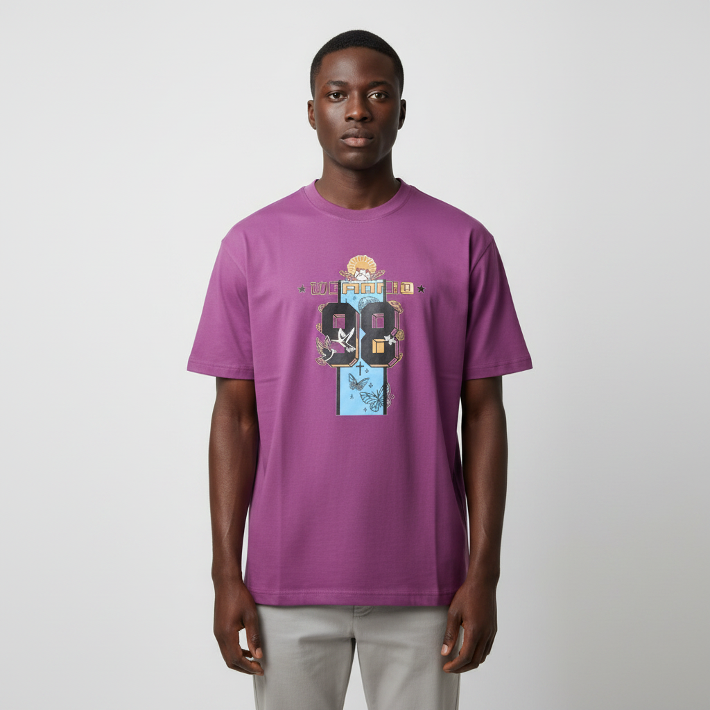 Model wearing the purple 98 varsity graphic t-shirt