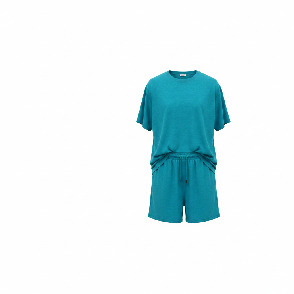 Plain teal matching co-ord set on ghost mannequin, white background