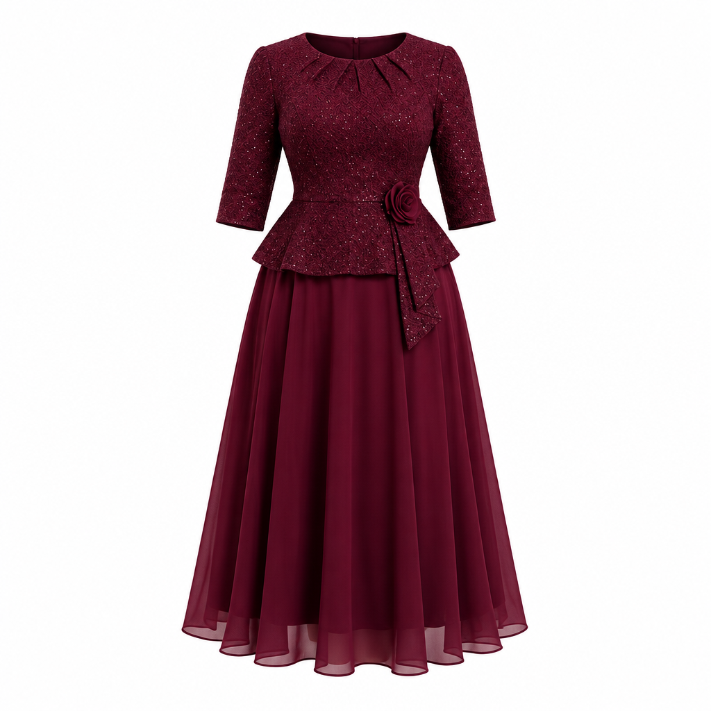 Burgundy peplum occasion dress with three-quarter sleeves on white background