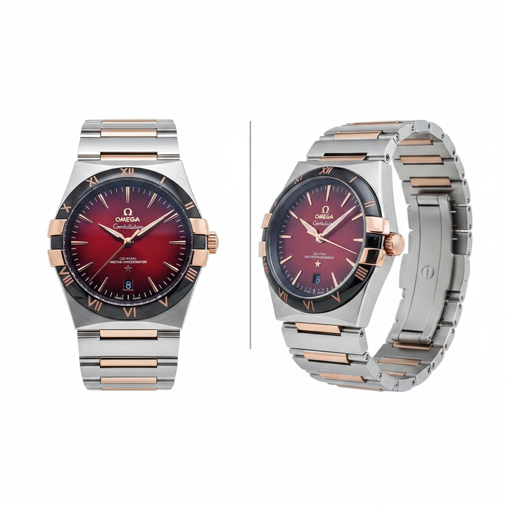 Co-Axial chronometer watch with red sunburst dial, front and side view on white background