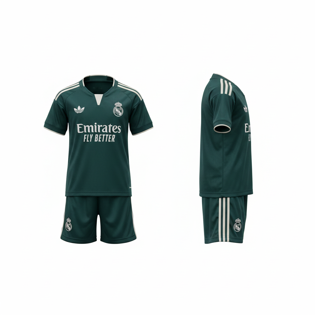 Kids dark teal football jersey and shorts set ghost mannequin front and side view