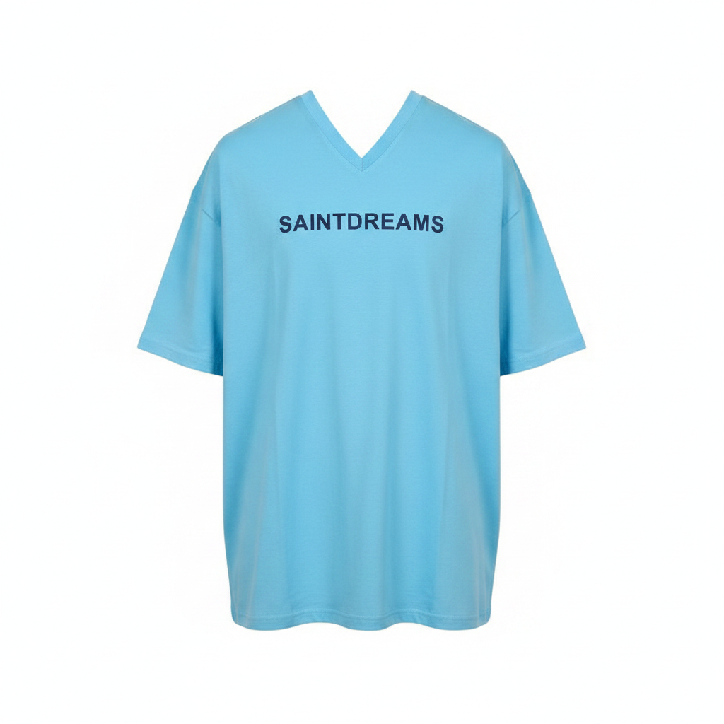 Unisex sky blue Saintdreams graphic tee – ghost mannequin front view