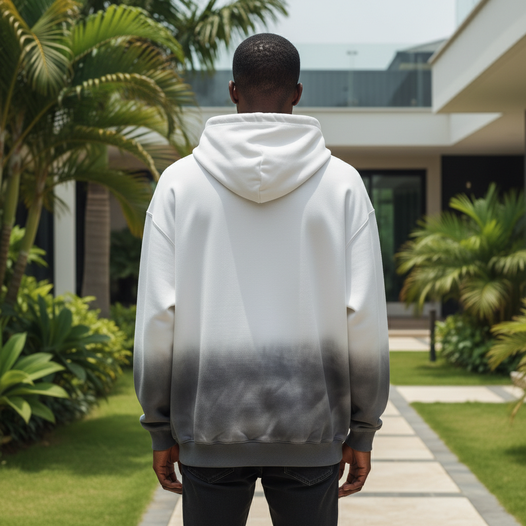 White grey ombre hoodie back view on Nigerian male model