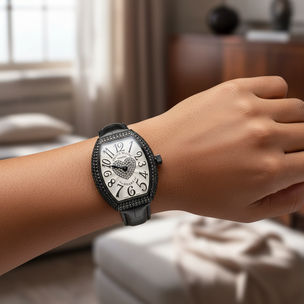 Women's black tonneau watch crystal heart dial worn on Nigerian model wrist — lifestyle wrist shot