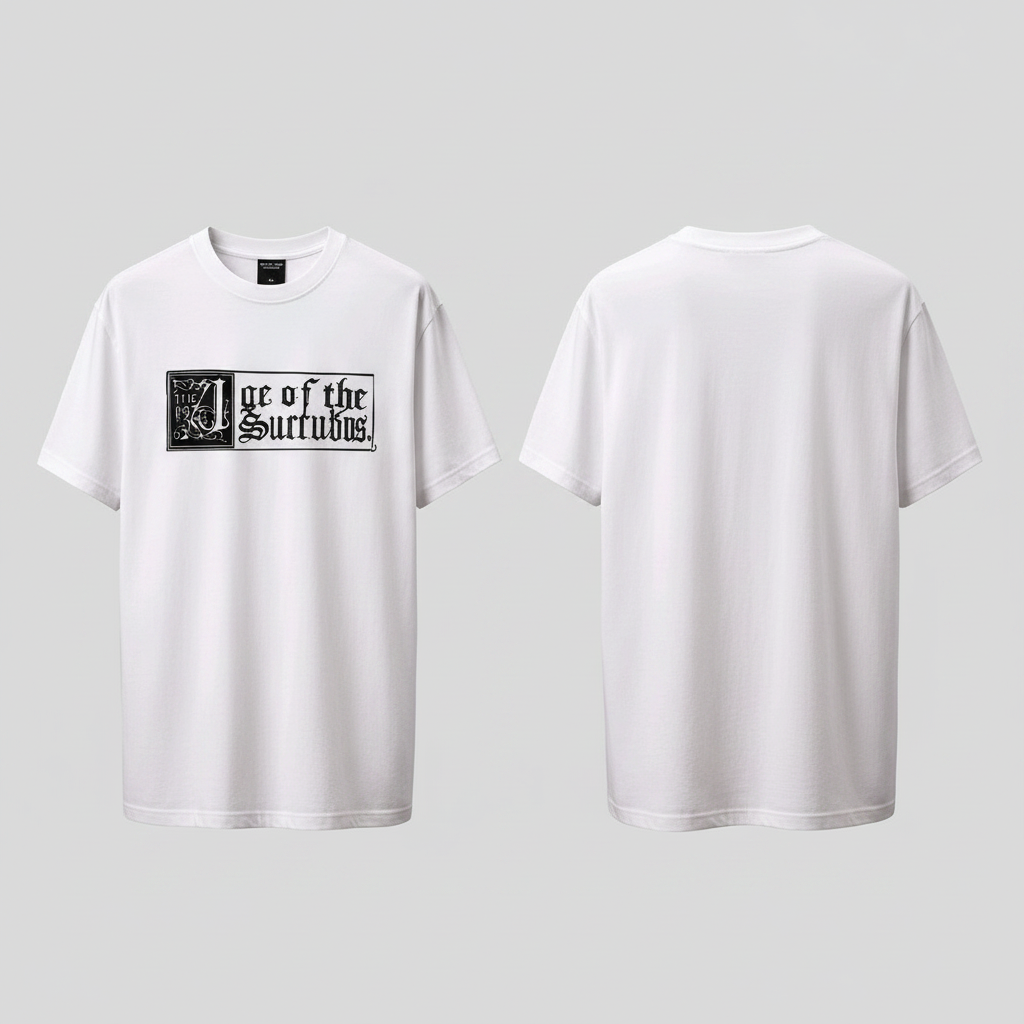 Men's white short-sleeve gothic text box graphic tee ghost mannequin front and back view on light grey background