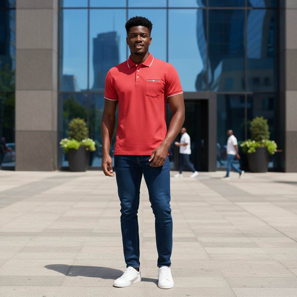 Young Nigerian male model wearing red tipped polo shirt with chest pocket