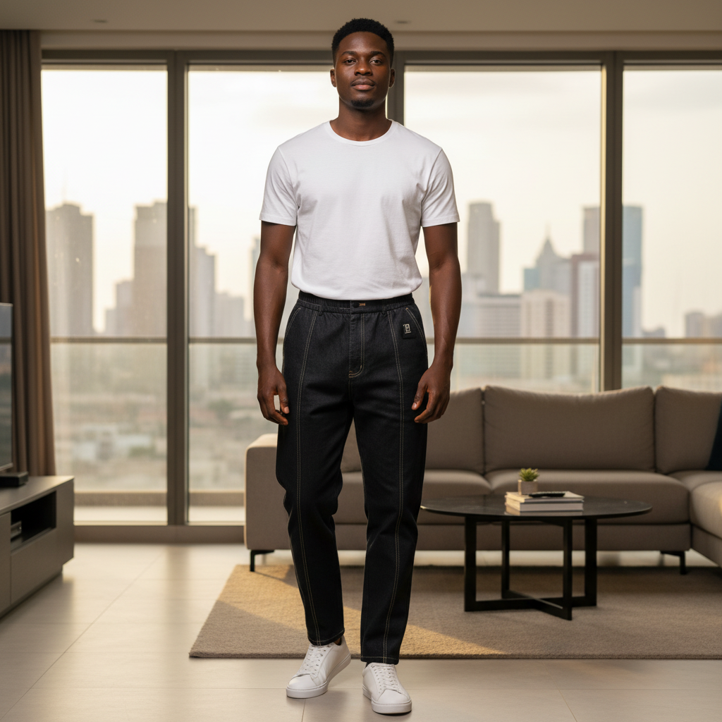 Model shot – Men Black Elastic Waist Denim Jeans