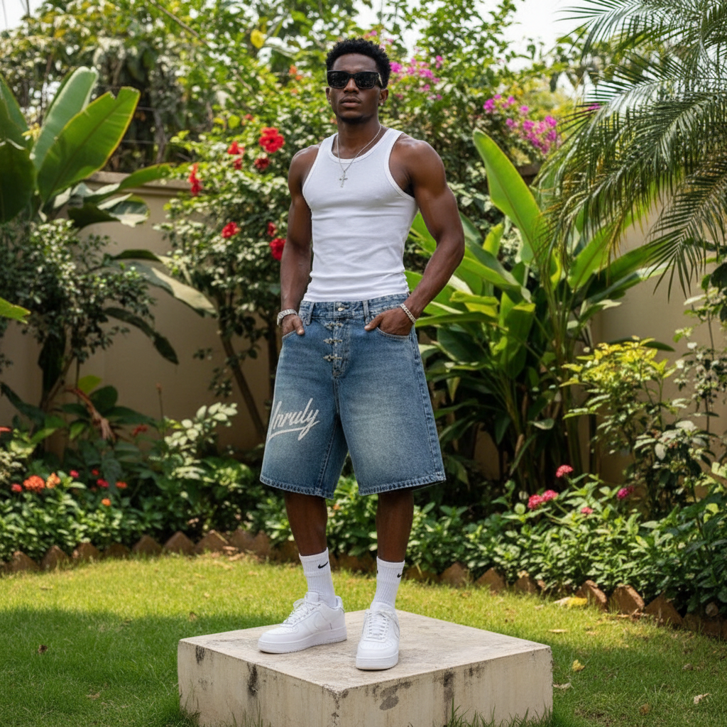 Nigerian male model wearing men's light blue cursive script clasp hardware distressed denim shorts streetwear style