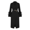 Black belted ruffle-cuff wrap-style midi dress, ghost-mannequin view