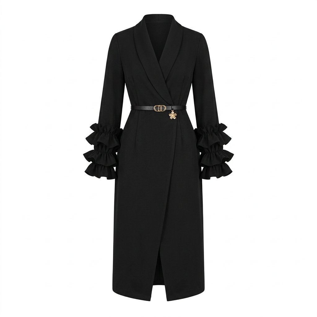 Black belted ruffle-cuff wrap-style midi dress, ghost-mannequin view