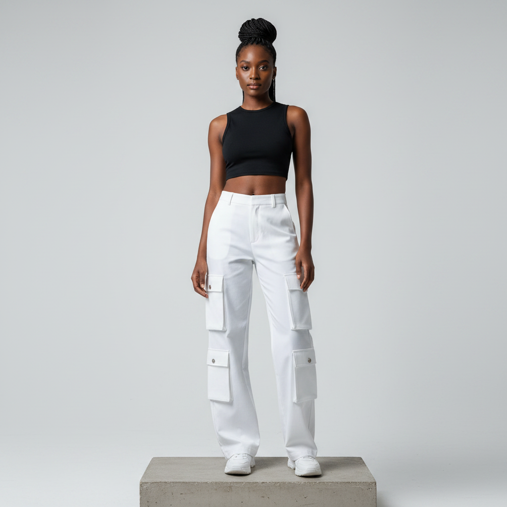 White Multi-Pocket Cargo Trousers – Front Model