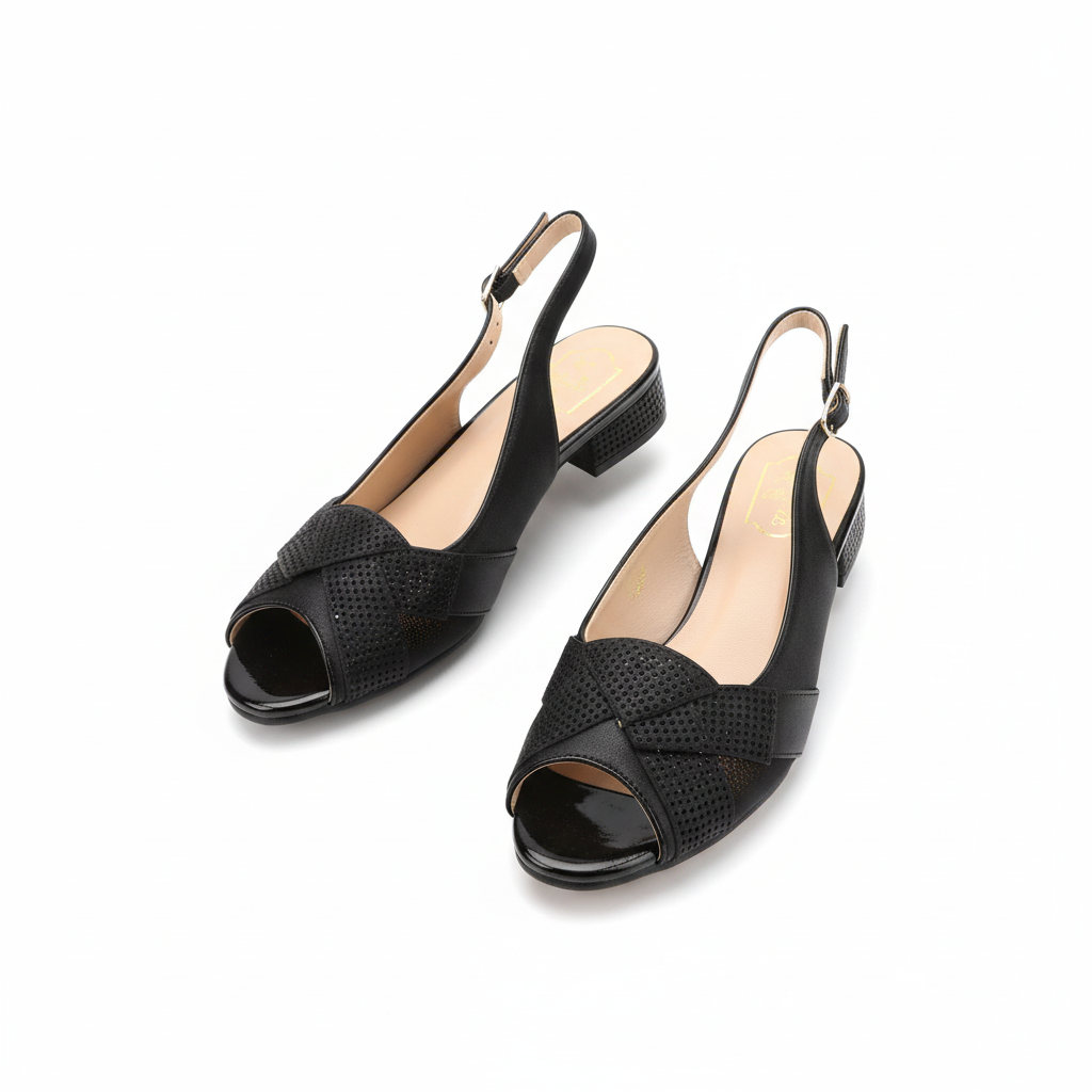 Women's black perforated peep-toe block heel half shoe - ghost mannequin pair view