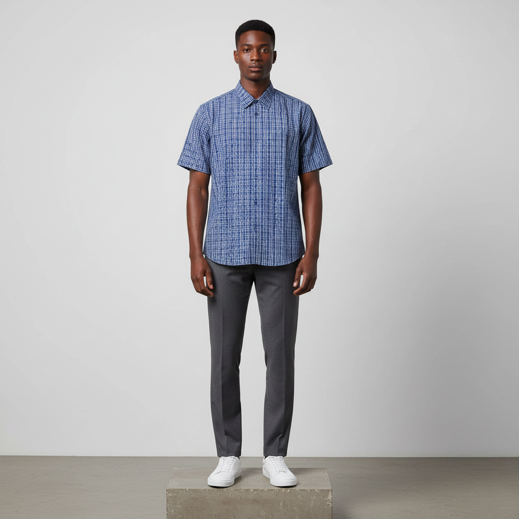 Nigerian male model wearing blue tartan plaid short-sleeved shirt