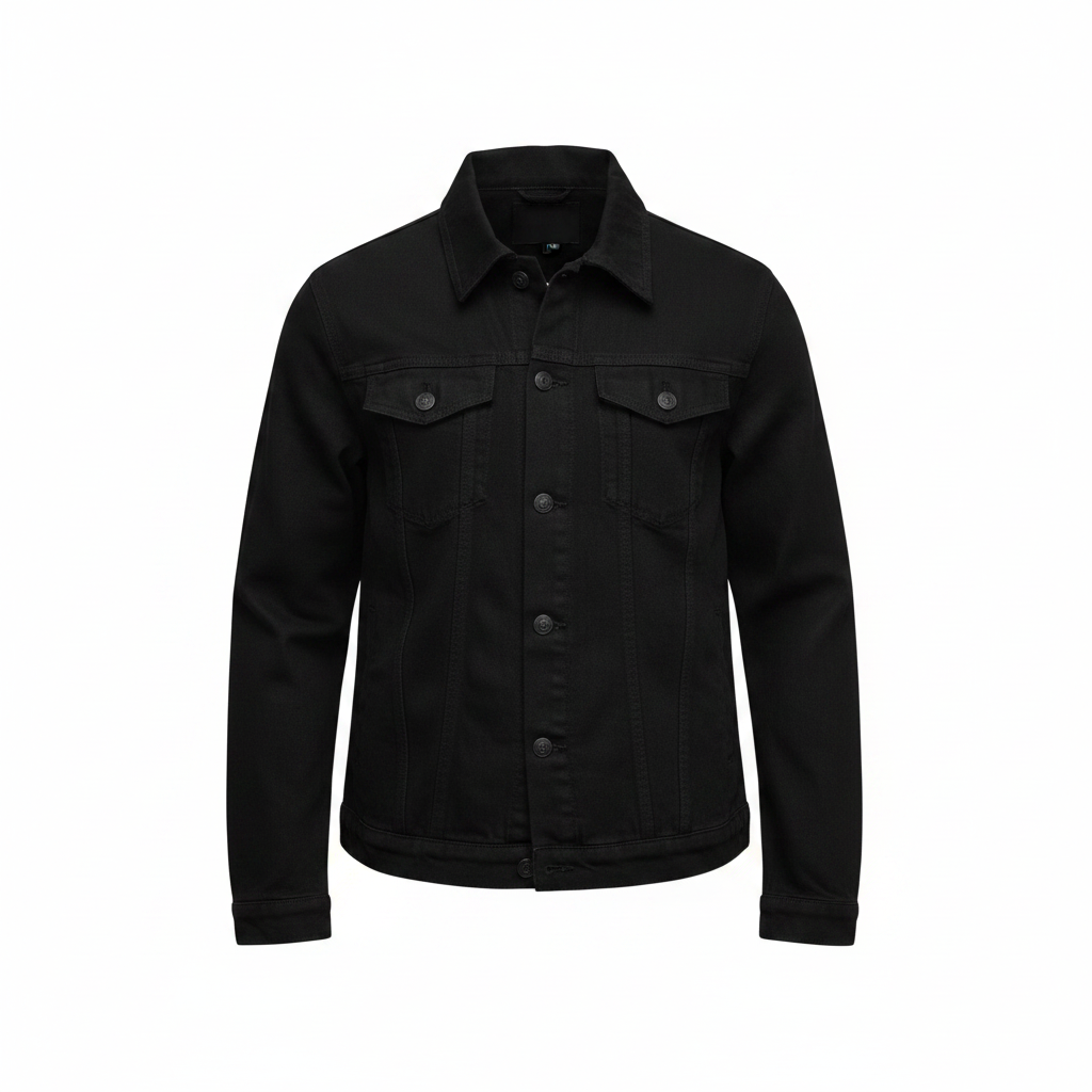 Men's all-black denim trucker jacket ghost mannequin front view