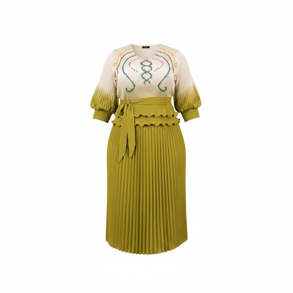 Ghost mannequin view of cream and olive green ombre embroidered top and pleated midi skirt set