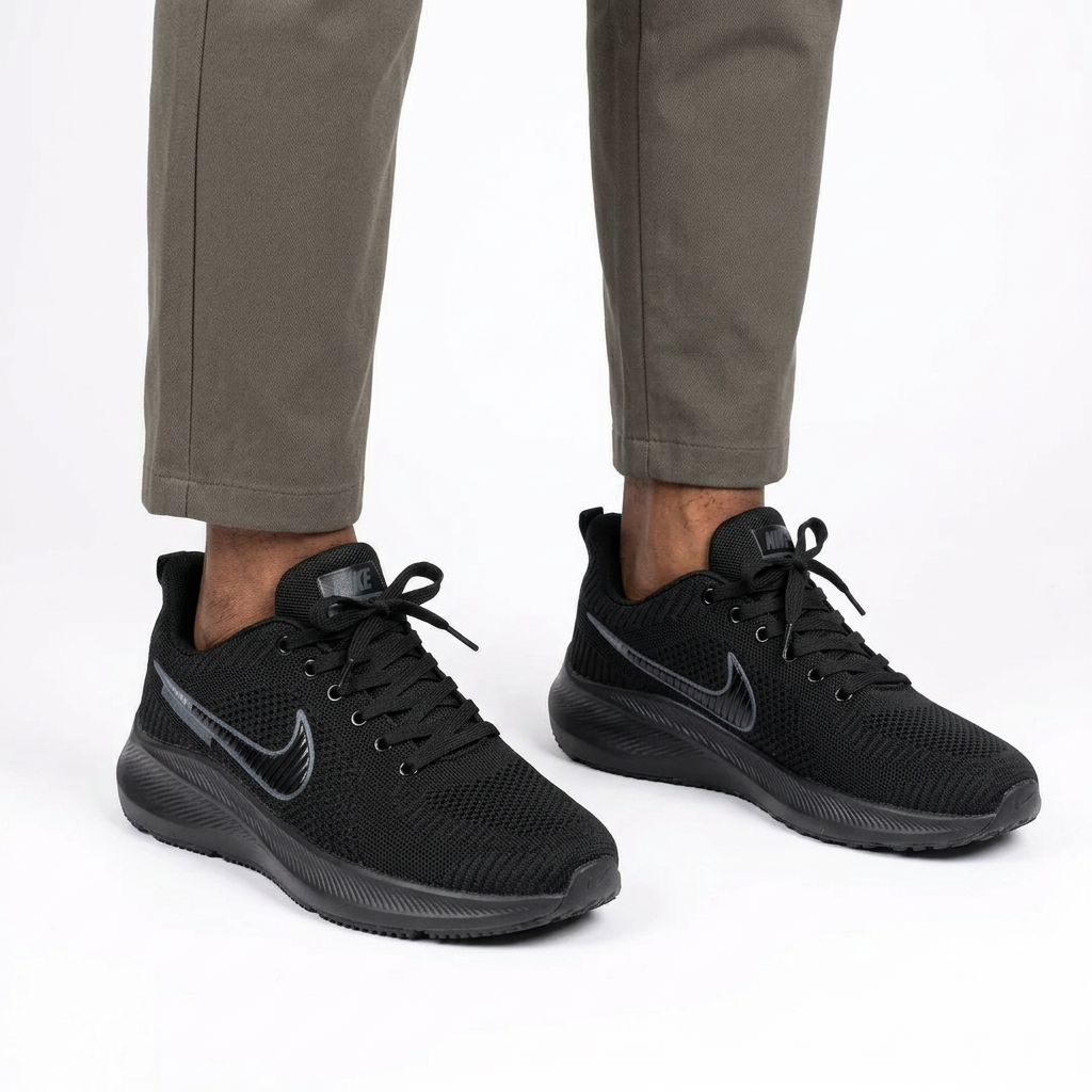 Man wearing black knit sneakers with both feet visible