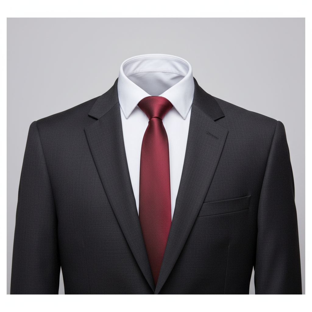 Men's burgundy wine red solid satin necktie on ghost mannequin with white shirt and charcoal suit